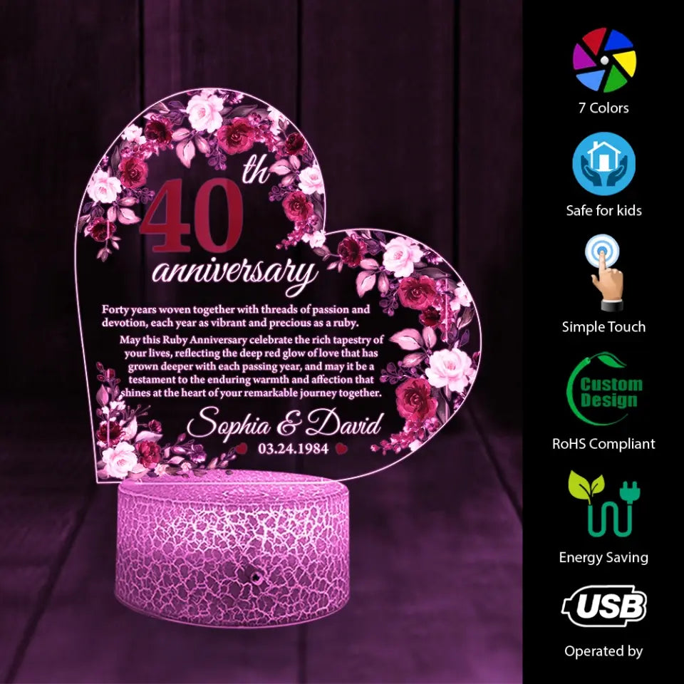 40th Anniversary Gift for Husband Wife Floral Led Light Ruby Anniversary Keepsake