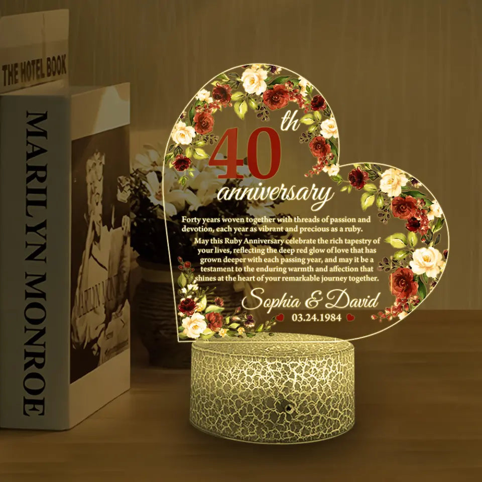 40th Anniversary Gift for Husband Wife Floral Led Light Ruby Anniversary Keepsake