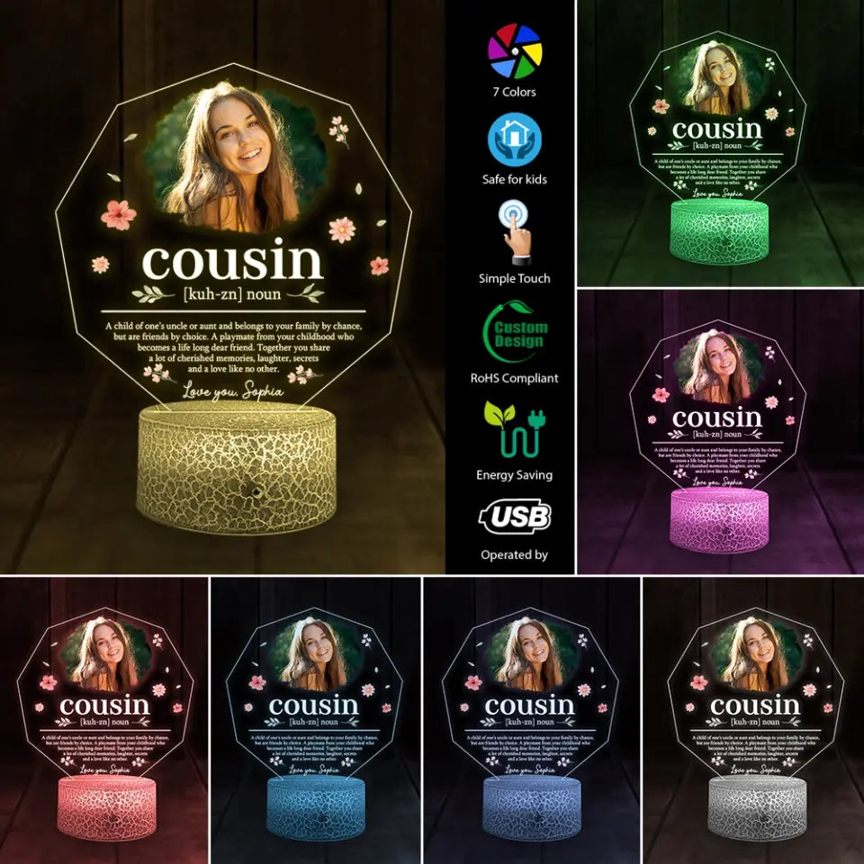 Cousin Definition Led Light Personalized Photo & Name Birthday Gift