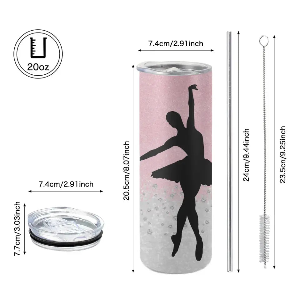 Personalized Name 20oz Skinny Tumbler for Dancers Pink Twinkle Background