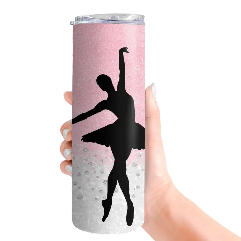 Personalized Name 20oz Skinny Tumbler for Dancers Pink Twinkle Background