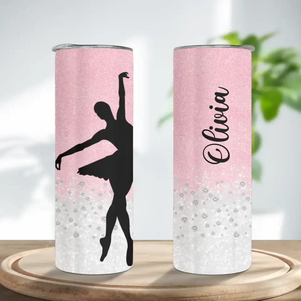 Personalized Name 20oz Skinny Tumbler for Dancers Pink Twinkle Background
