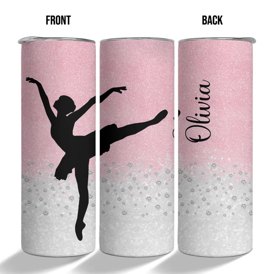 Personalized Name 20oz Skinny Tumbler for Dancers Pink Twinkle Background