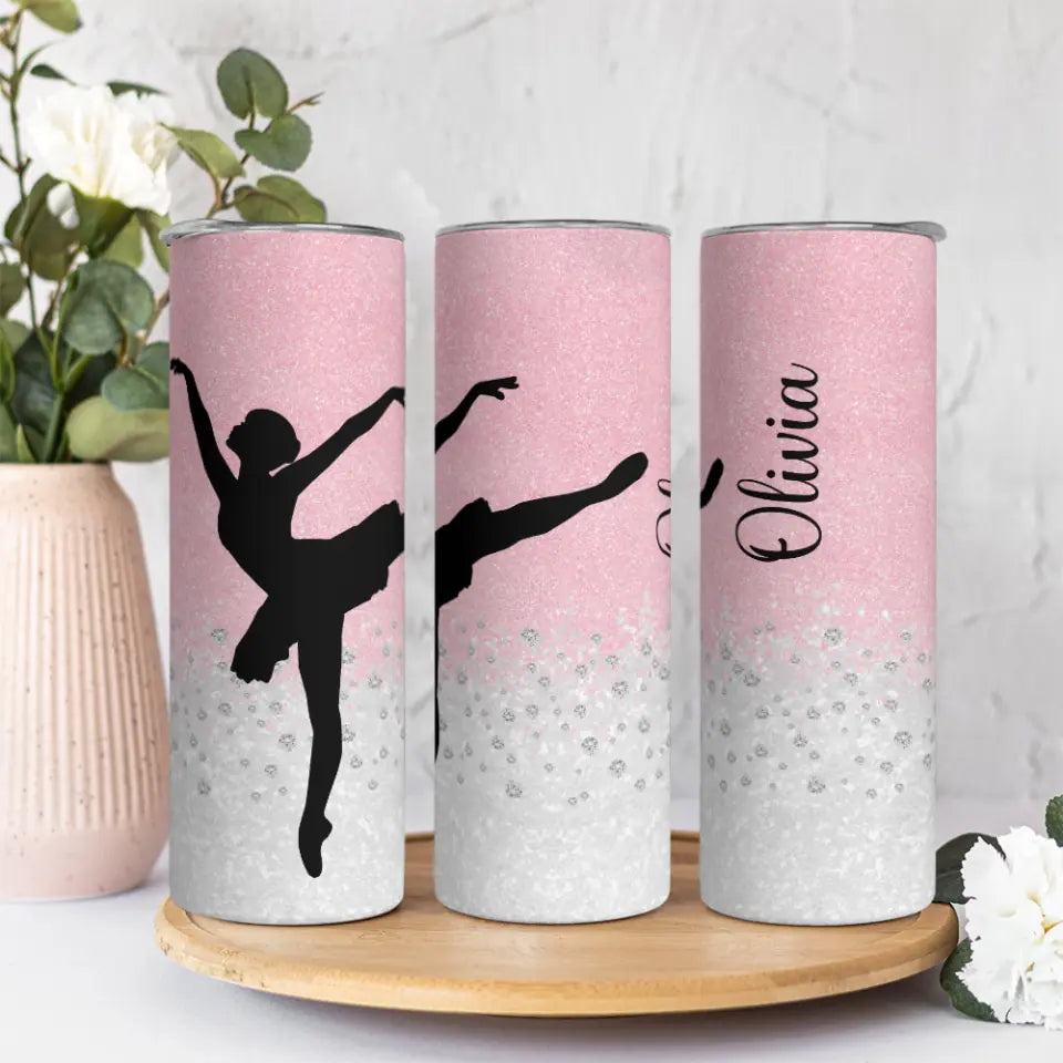Personalized Name 20oz Skinny Tumbler for Dancers Pink Twinkle Background