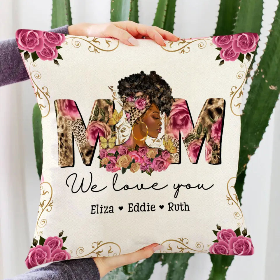 Black Mom Gift from Kids Square Pillow Personalized Names Floral Style