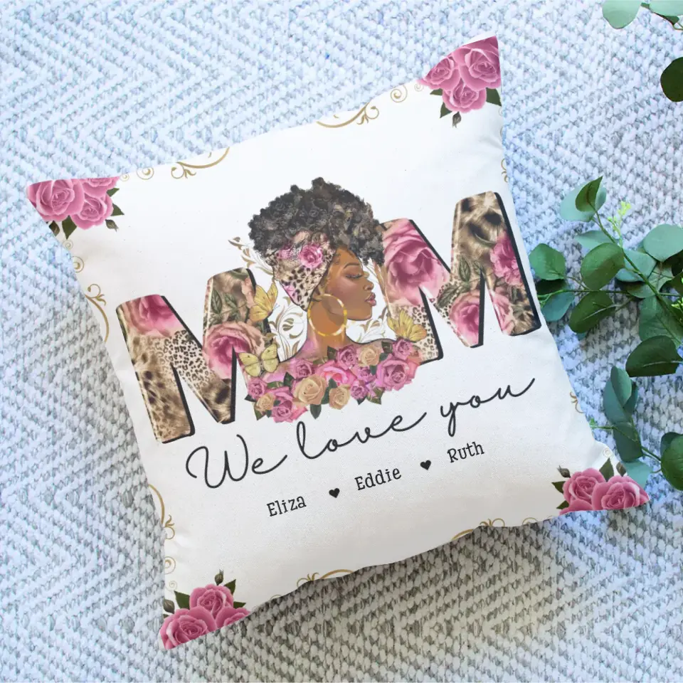 Black Mom Gift from Kids Square Pillow Personalized Names Floral Style