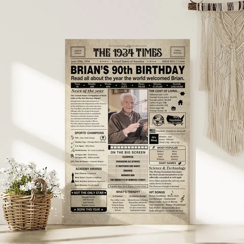 The 1934 Times Happy 90th Birthday Personalized Canvas And Poster