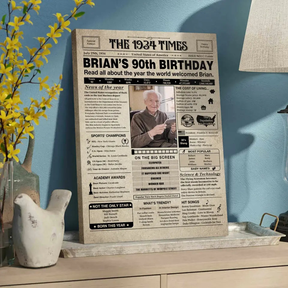 The 1934 Times Happy 90th Birthday Personalized Canvas And Poster