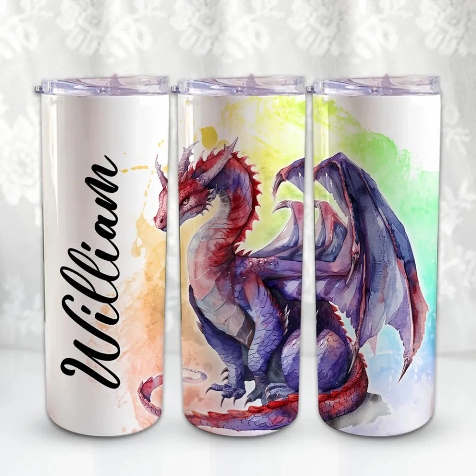 Dragon Art with Name Personalized 20oz Skinny Tumbler for Kid Daughter Son Dragon Lovers