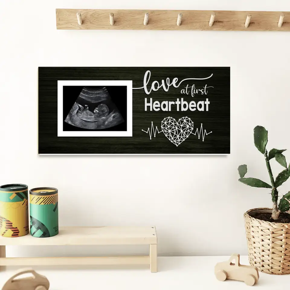 Love At First Heartbeat Upload Photo Rectangle Wooden Sign