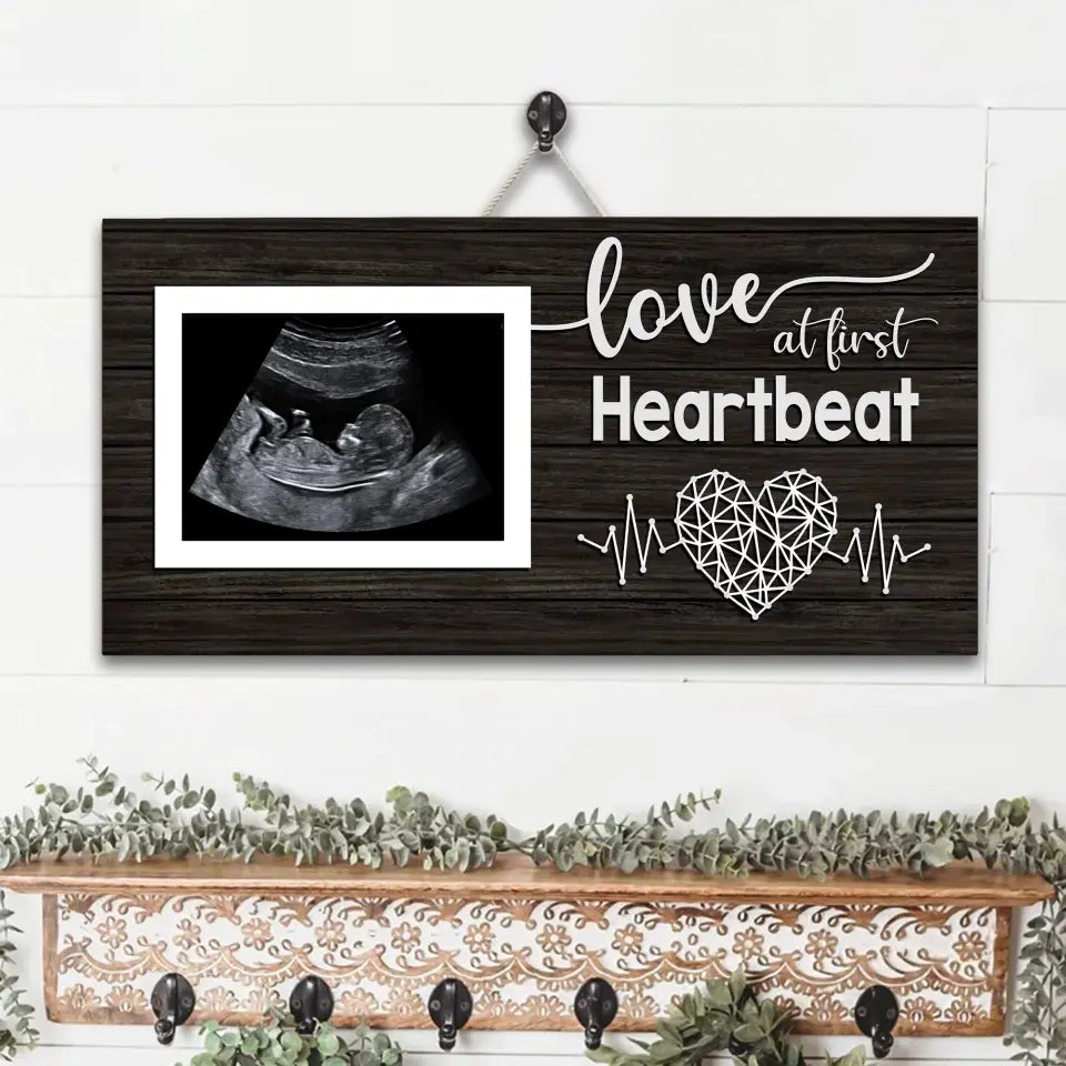 Love At First Heartbeat Upload Photo Rectangle Wooden Sign