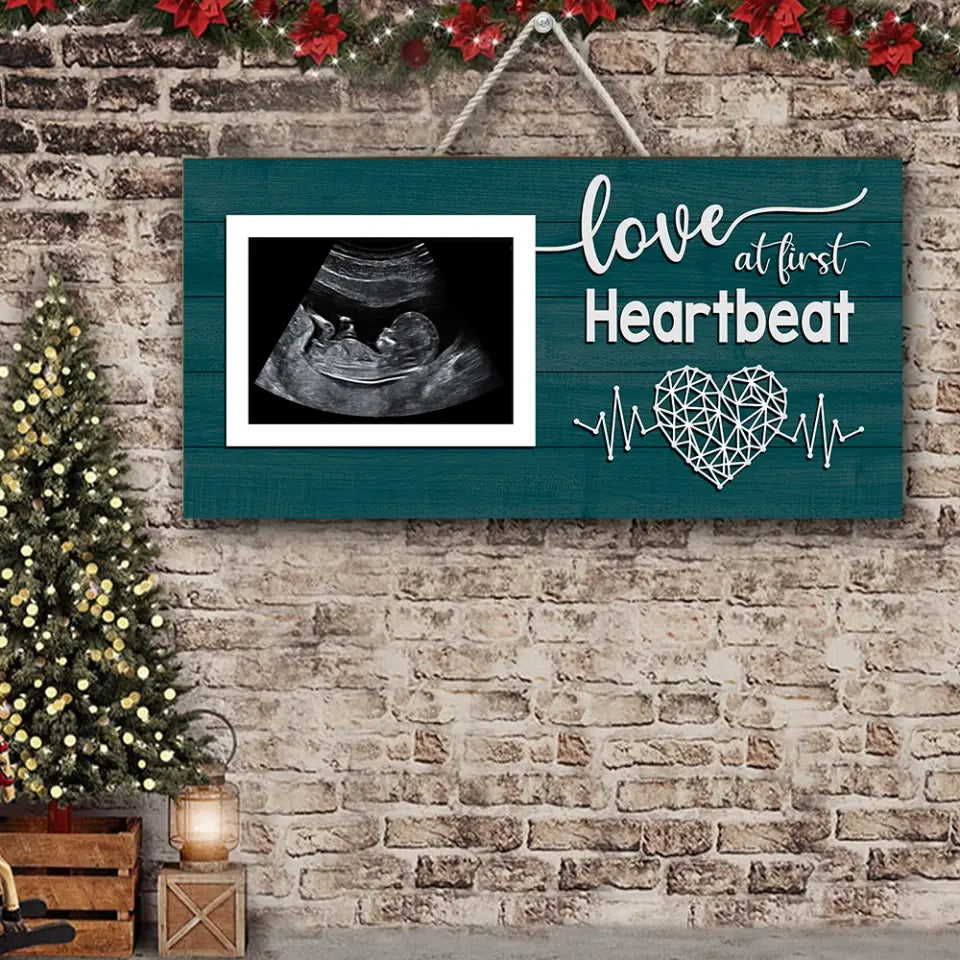 Love At First Heartbeat Upload Photo Rectangle Wooden Sign