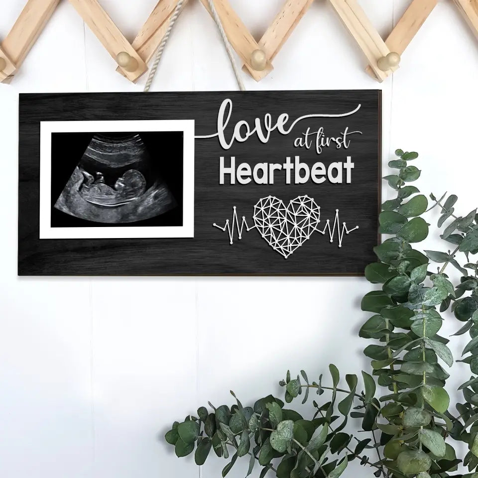 Love At First Heartbeat Upload Photo Rectangle Wooden Sign