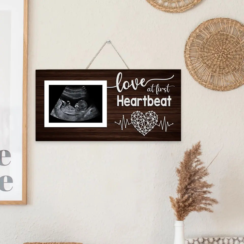 Love At First Heartbeat Upload Photo Rectangle Wooden Sign
