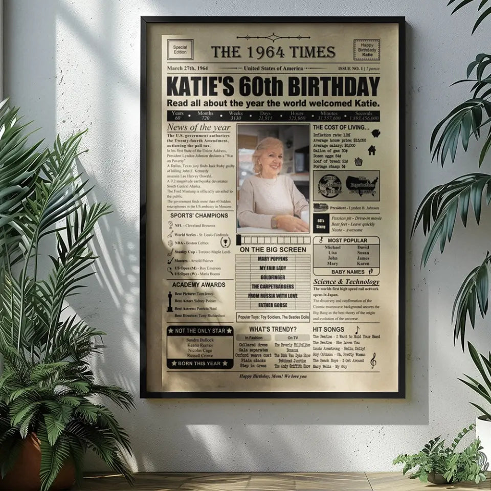 The 1964 Times Birthday Newspaper - Poster Canvas - Personalized Birthday Gift for Men Women