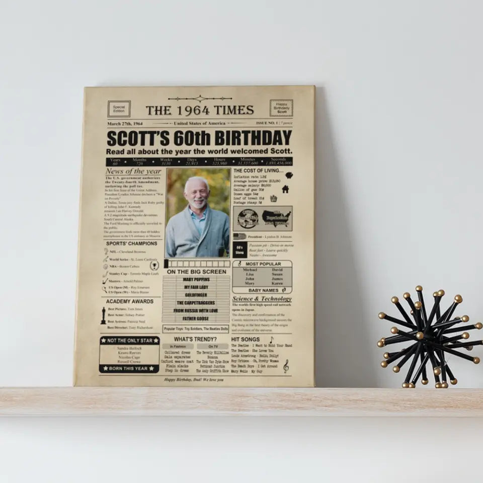 The 1964 Times Birthday Newspaper - Poster Canvas - Personalized Birthday Gift for Men Women