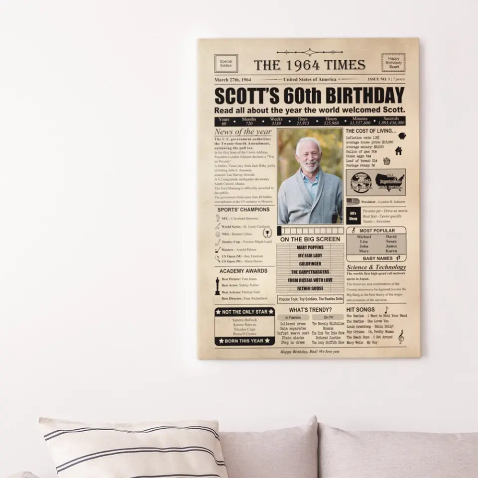 The 1964 Times Birthday Newspaper - Poster Canvas - Personalized Birthday Gift for Men Women