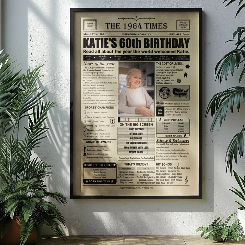 The 1964 Times Newspaper Birthday 60th Canvas Poster