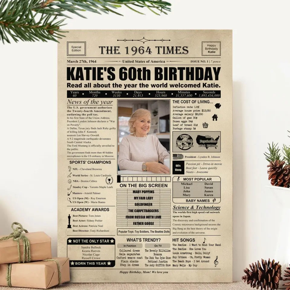 The 1964 Times Birthday Newspaper - Poster Canvas - Personalized Birthday Gift for Men Women