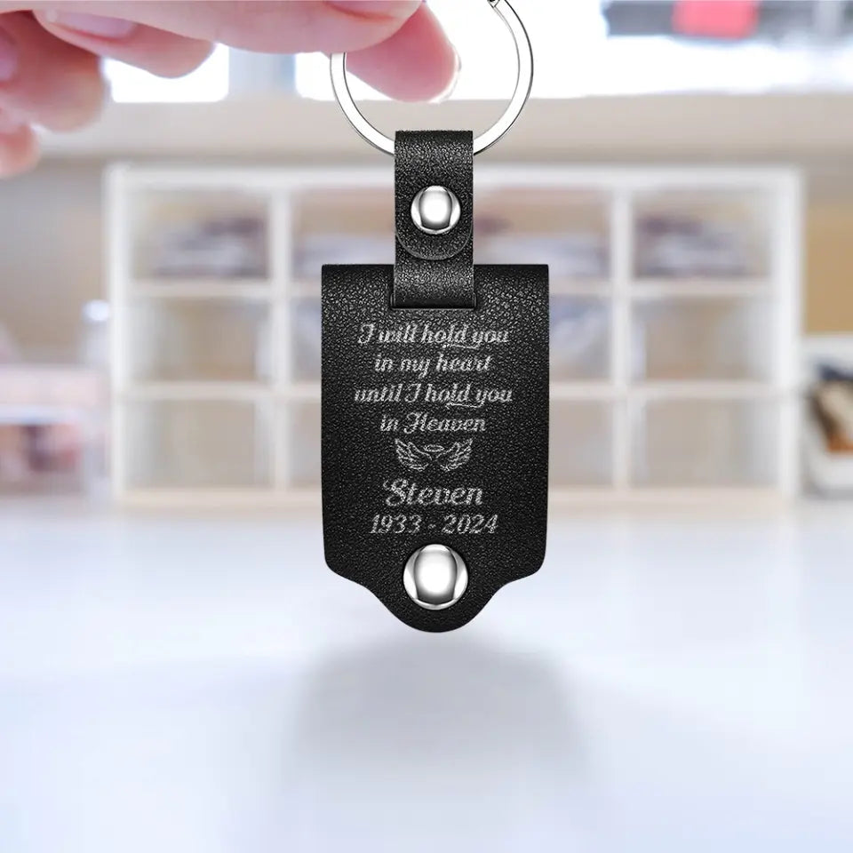I Will Hold You In My Heart Personalized Leather Photo Keychain
