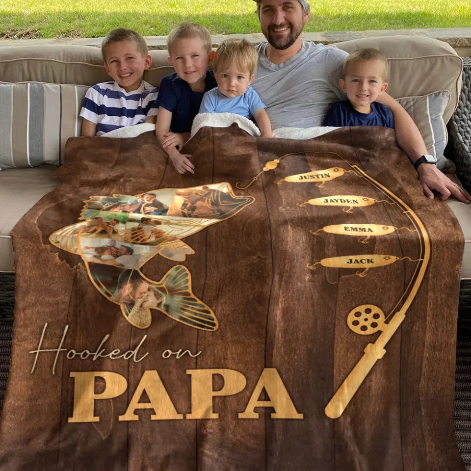 Hooked On Papa With Kids | Personalized Blanket