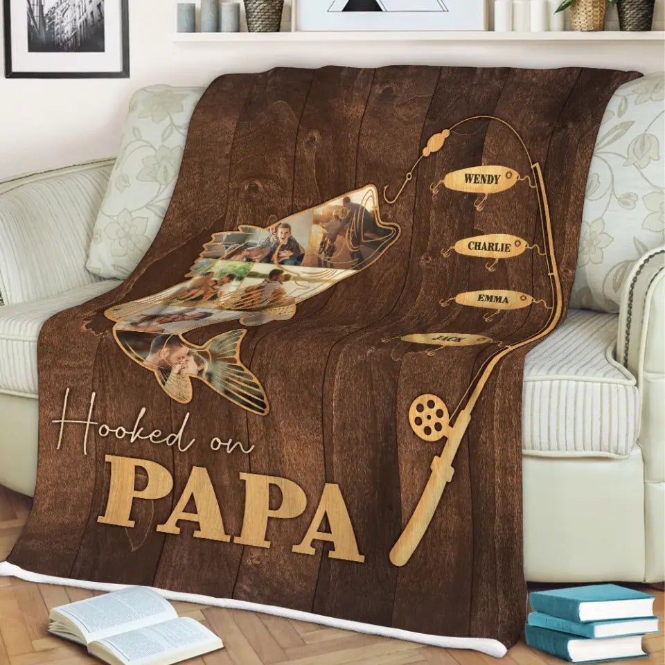 Hooked On Papa With Kids | Personalized Blanket