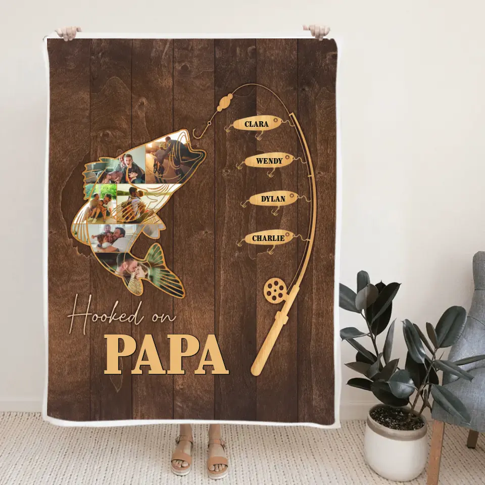 Hooked On Papa With Kids | Personalized Blanket