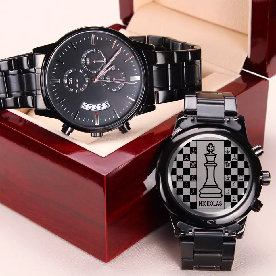 Eternal Checkmate, Chessboard Personalized Stainless Steel Engraved Watch, Gift For Chess Lovers