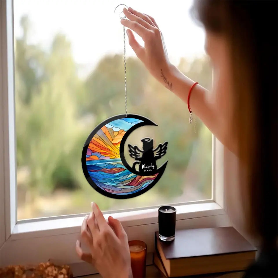 Cat Memorial Gift - Personalized Acrylic Hanging Decor - Cat with Angel Wings - Cat Loss Suncatcher Keepsake