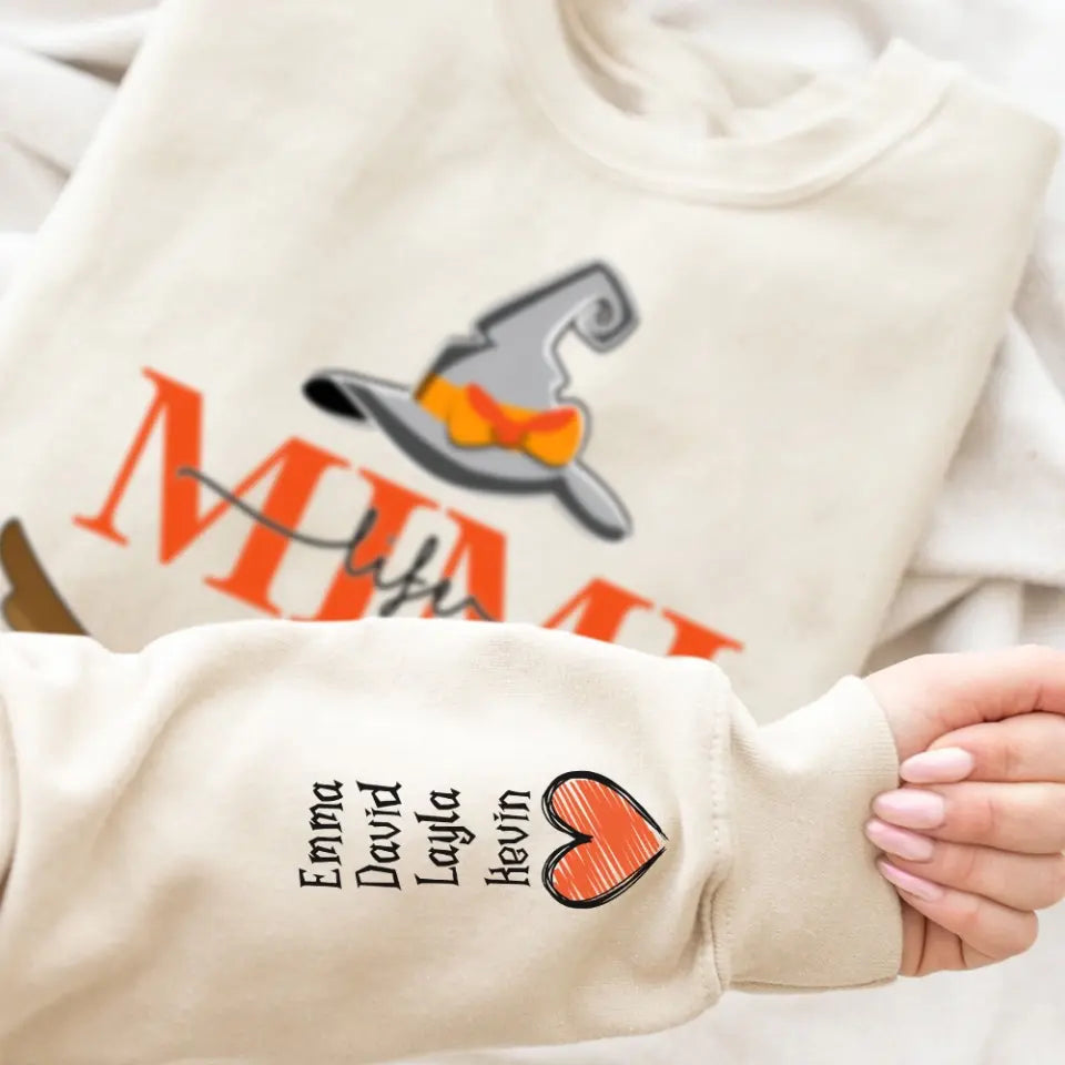 Personalized Mom/Grandma Life With Grandkids Name On The Sleeve Halloween Sweatshirt