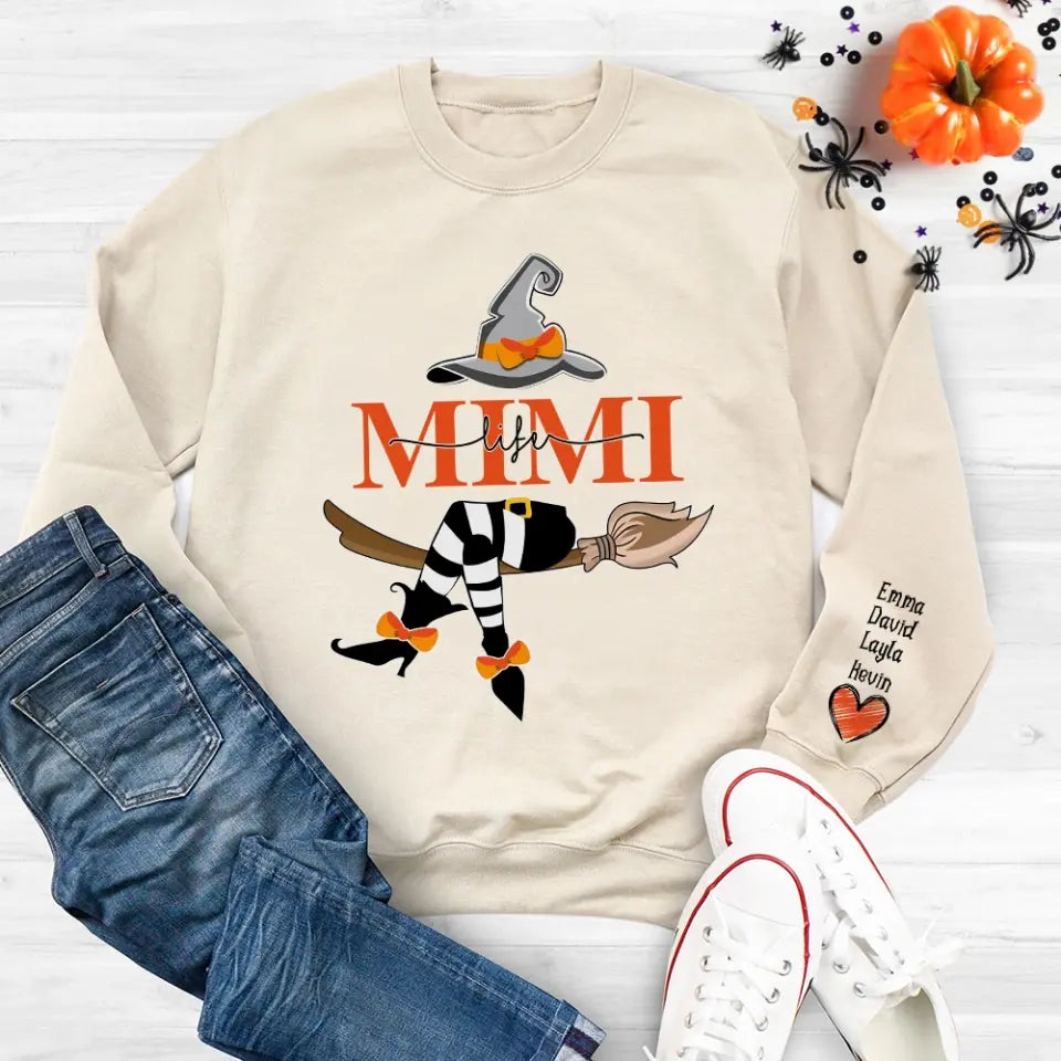 Personalized Mom/Grandma Life With Grandkids Name On The Sleeve Halloween Sweatshirt