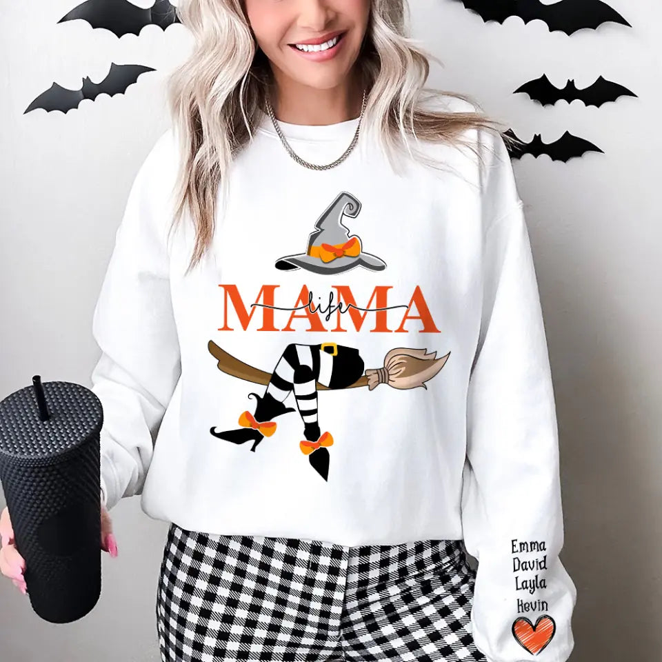 Personalized Mom/Grandma Life With Grandkids Name On The Sleeve Halloween Sweatshirt