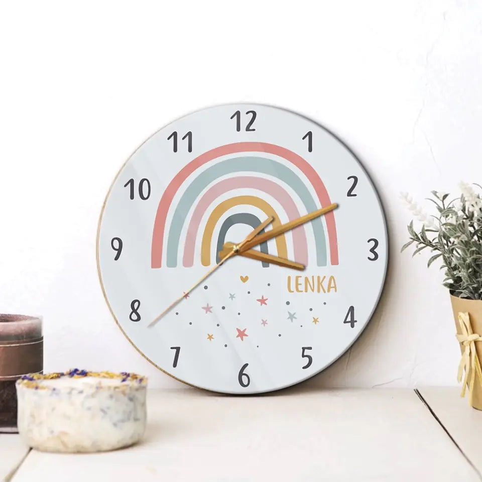 Cute Rainbow And Stars Custom Wall Clock Birthday Gift For Kids