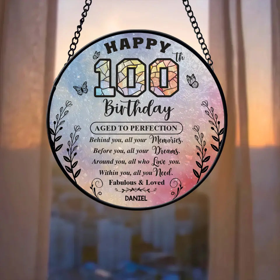 Aged to Perfection - Happy 50th, 60th, 70th, 80th, 90th, 100th Birthday Gift - Round Stained Glass - Hanging Home Decor - for Older Parents