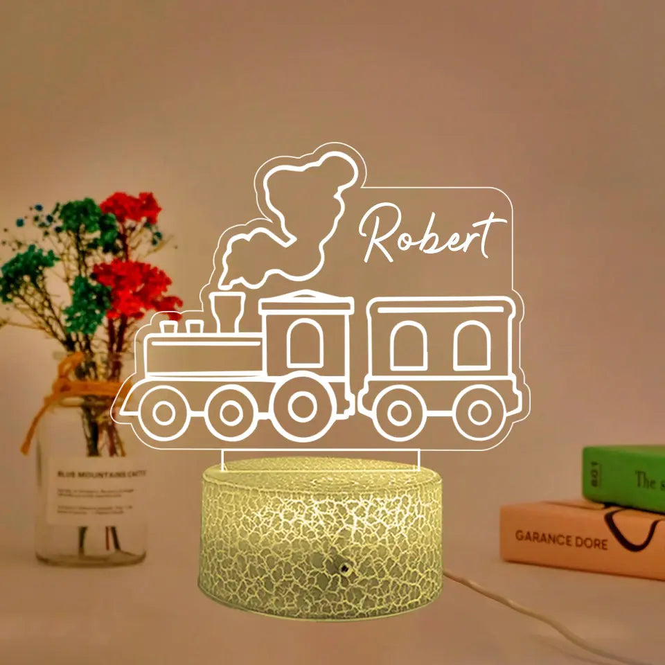 Train Figure with Name - Funny Gift for Train Lover - For Little Boys - 3D Led Light - Nursery Decor