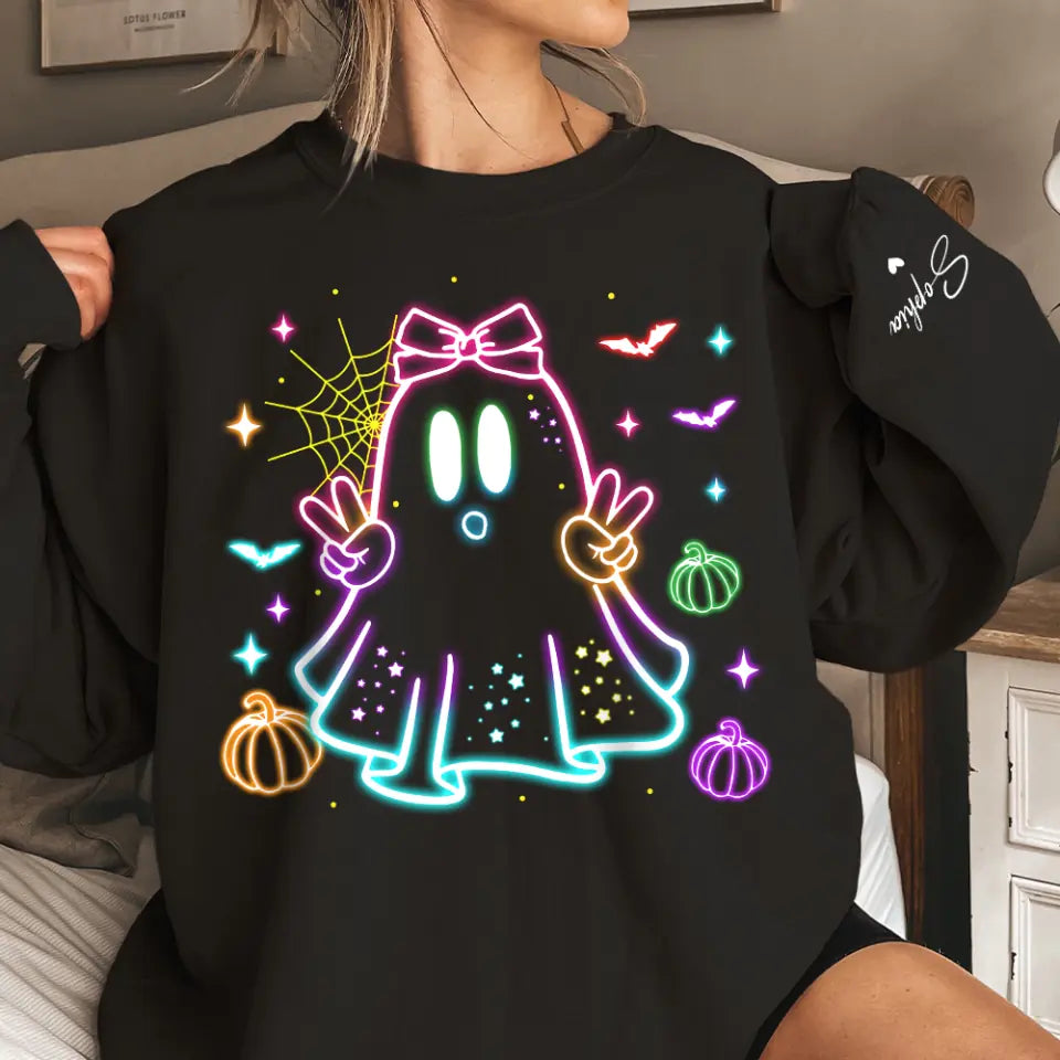 Cute Colorful Neon Boo - Personalized Name Sleeve Printed Sweatshirt - Halloween Costume for Friends, Twins, Family