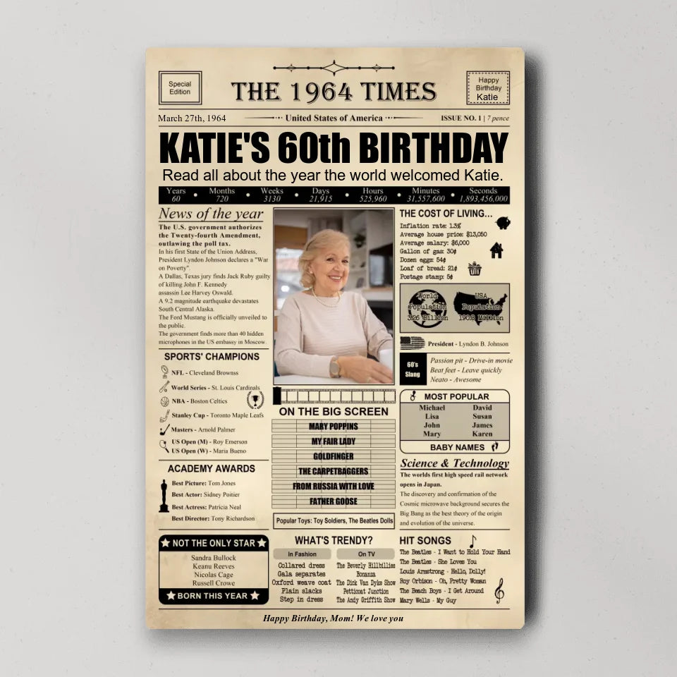 The 1964 Times Birthday Newspaper - Poster Canvas - Personalized Birthday Gift for Men Women