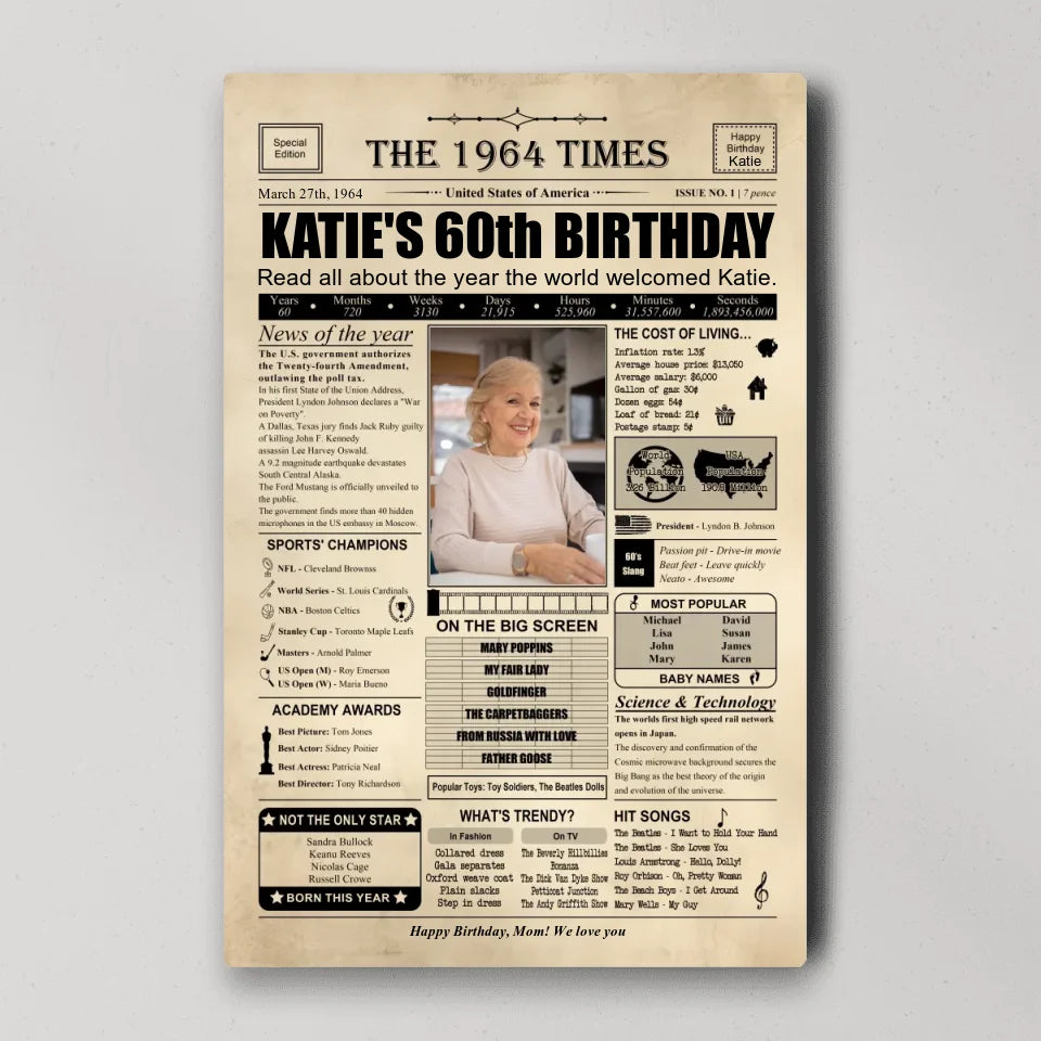The 1964 Times Birthday Newspaper - Poster Canvas - Personalized Birthday Gift for Men Women