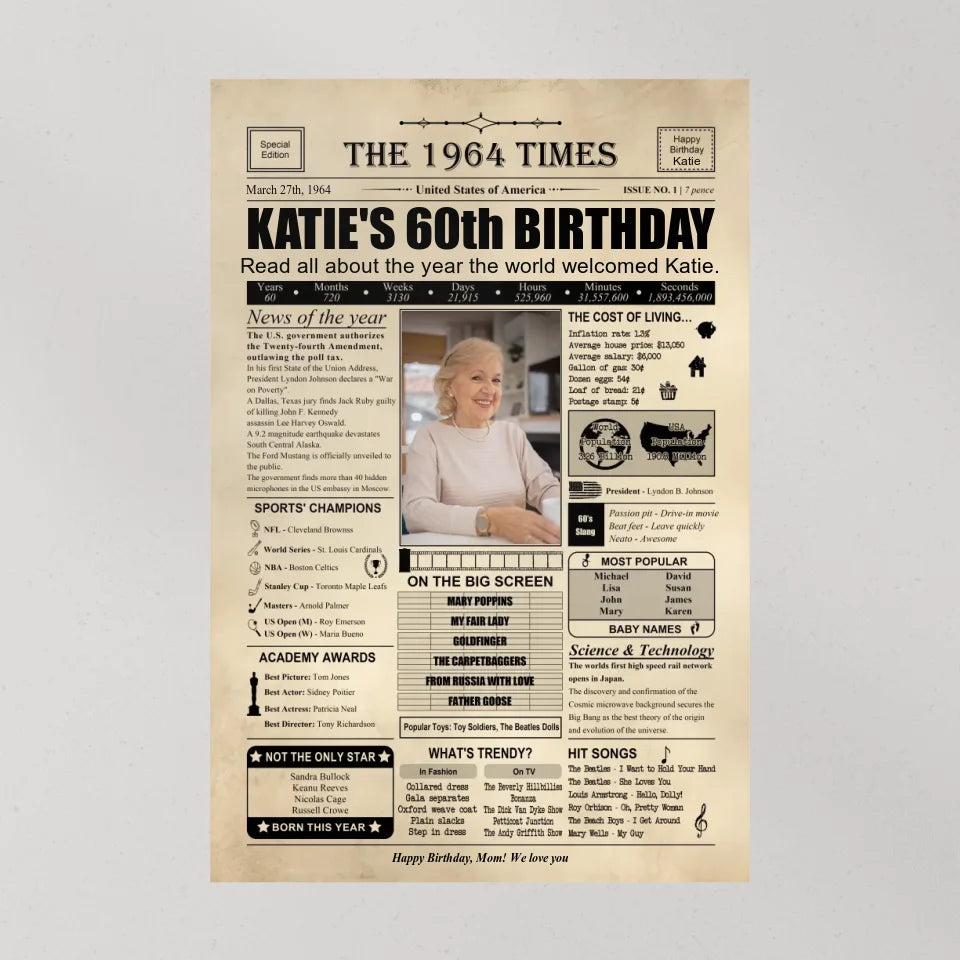 The 1964 Times Birthday Newspaper - Poster Canvas - Personalized Birthday Gift for Men Women