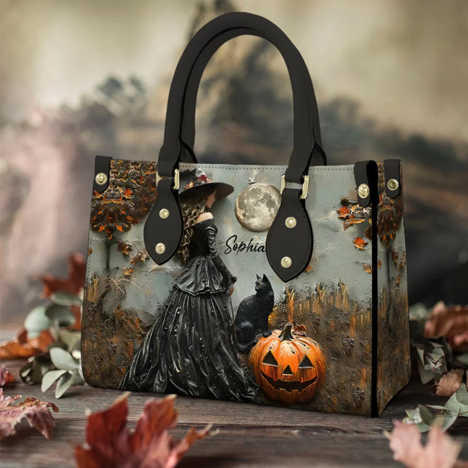 Gorgeous Witch and Black Cat- Personalized Leather Bag - Gift For With - Halloween Gifts