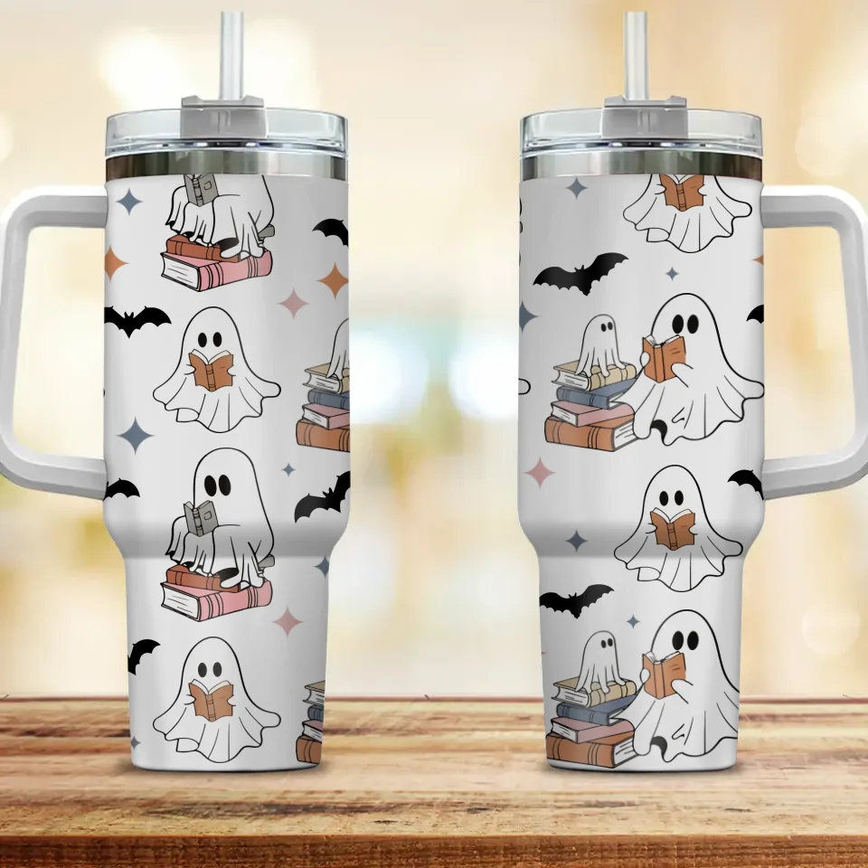 Cute Ghost Reading Books - 40oz Tumbler with Handle - Gift For Halloween - for Book Lovers, Book Nerd, Bookaholic