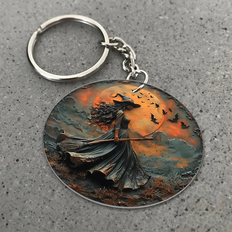 Witch &amp; Broom Magic In Dark Forest - Acrylic Keychain - Gift For Witch Lovers