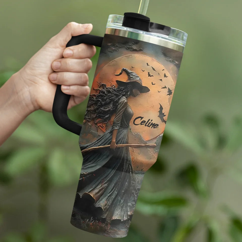 Witch And Her Broom In The Forest - Personalized 40oz Tumbler - Gift For Witches