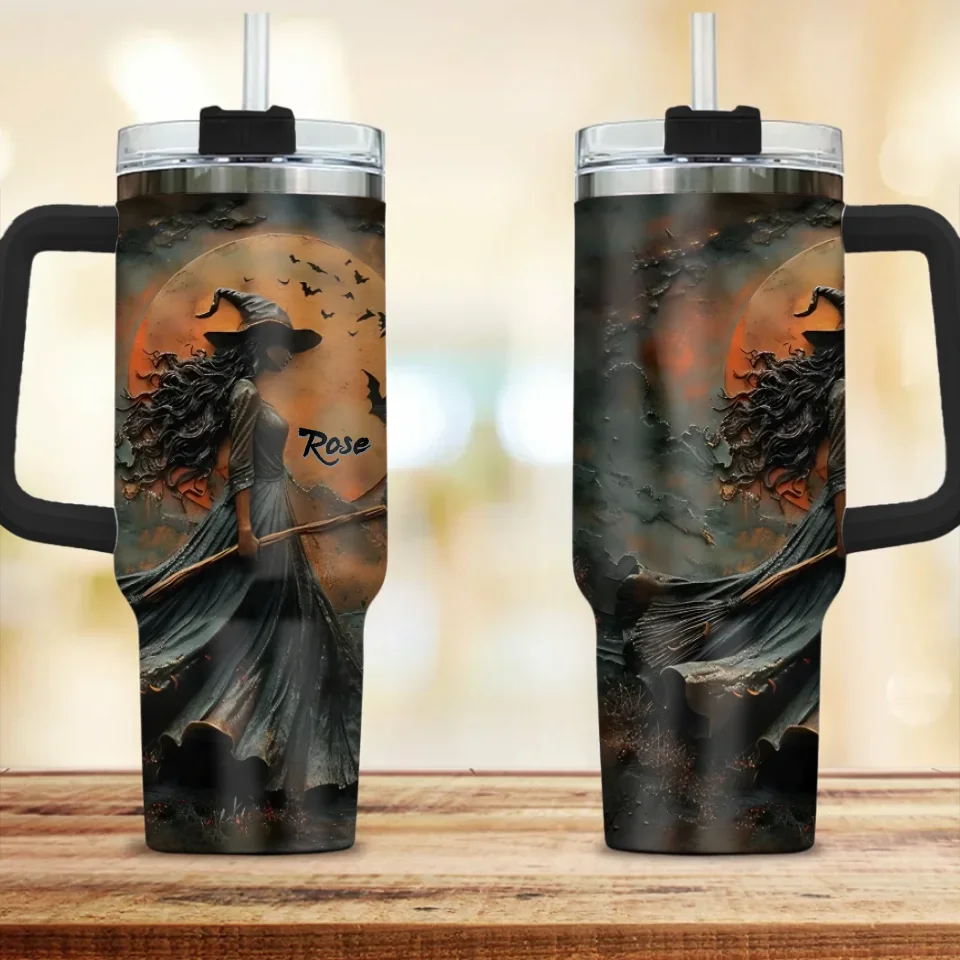 Witch And Her Broom In The Forest - Personalized 40oz Tumbler - Gift For Witches