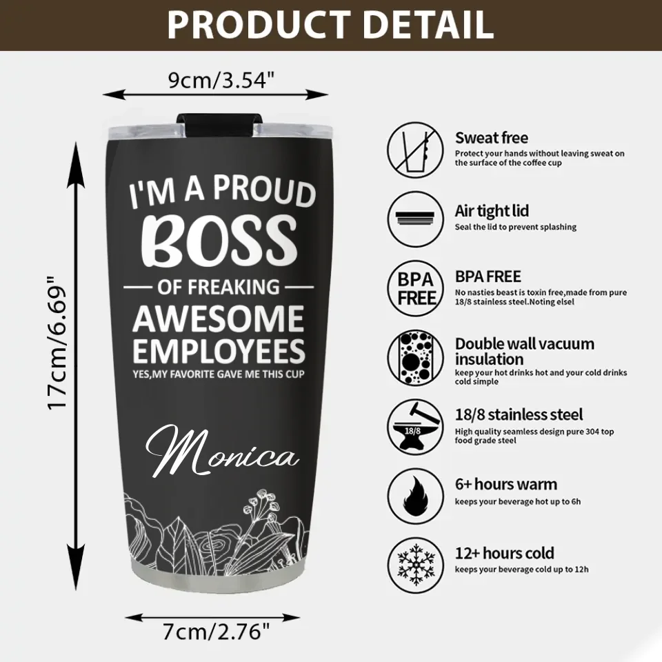 I'm a Proud Boss of Freaking Awesome Employees - Boss Nutrition Facts - Personalized Name - 20oz Stainless Steel Tumbler - Funny Gift for Boss