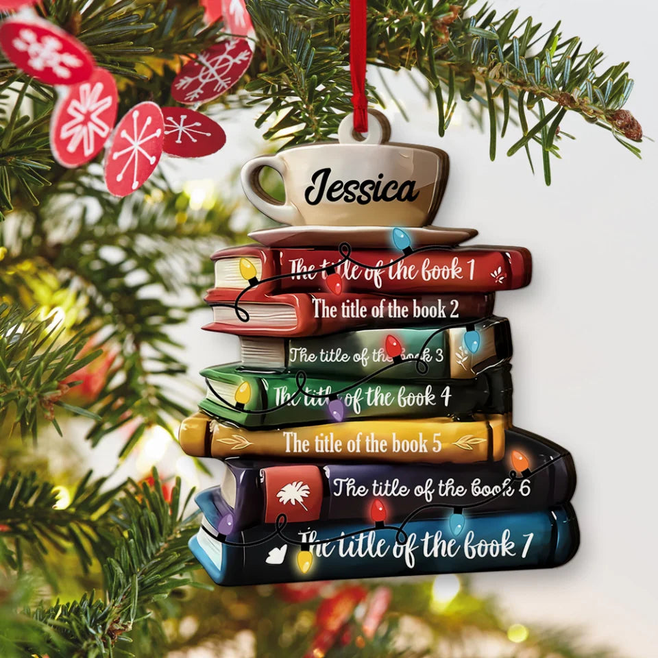 Personalized Name on Bookstack Ornament - Custom Book Title - Librarian, Book Lover Christmas Ornament - Gift for Bookaholic Booknerd, Book Fan - Christmas Hanging Decor