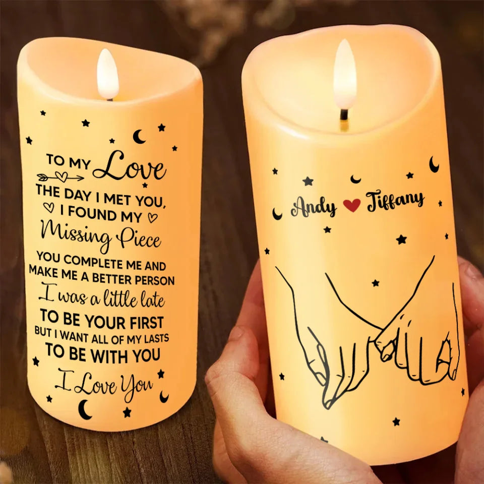 The Day I Met You I Found My Missing Piece - Hand in Hand - Personalized Led Candle - Anniversary, Wedding, Christmas Gift for Couples, Her Him, Husband, Wife, Boyfriend, Girlfriend