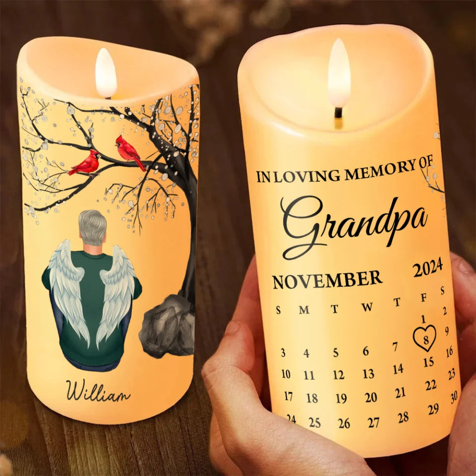 Cardinal Memorial Led Candle - Personalized Calendar - Custom Figure - Sympathy Gift for Loss of Loved Ones