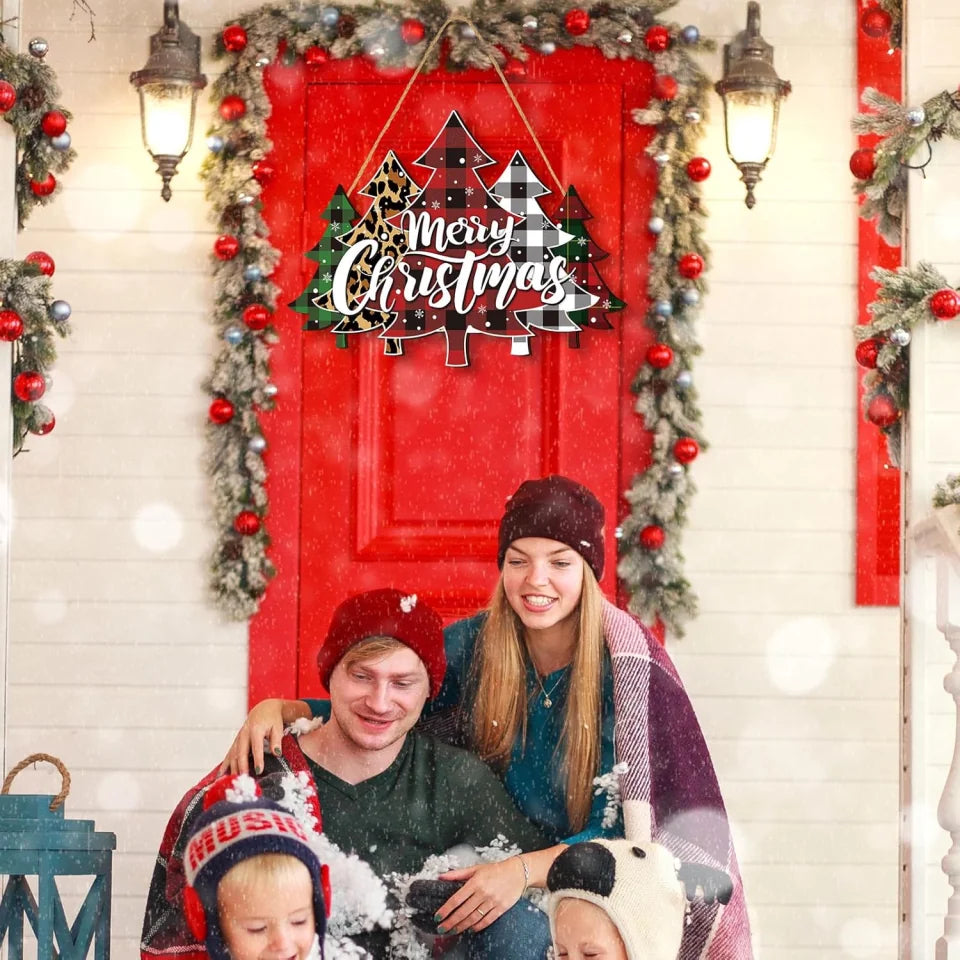 Merry Christmas Door Sign - Buffalo Plaid Tree Wood Decor - Farmhouse Hanging Plaque for Porch - Xmas Front Outdoor - Holiday Home Decor