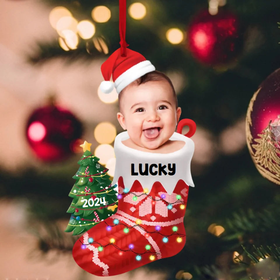 Baby In The Christmas Sock - Personalized Photo Acrylic Ornament - Christmas Gift for Newborn Baby, for New Parents